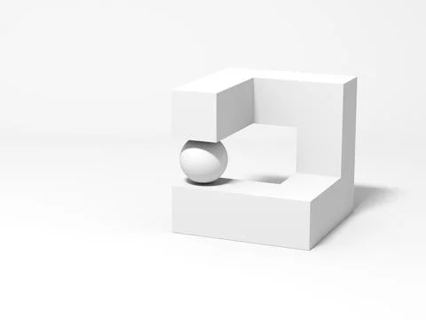 Abstract white geometric installation with a sphere and 3d cubical object Stock Illustration