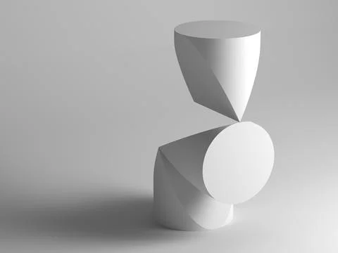 Abstract white geometric installation of three doubly truncated cylinders, 3d Illustrazione stock