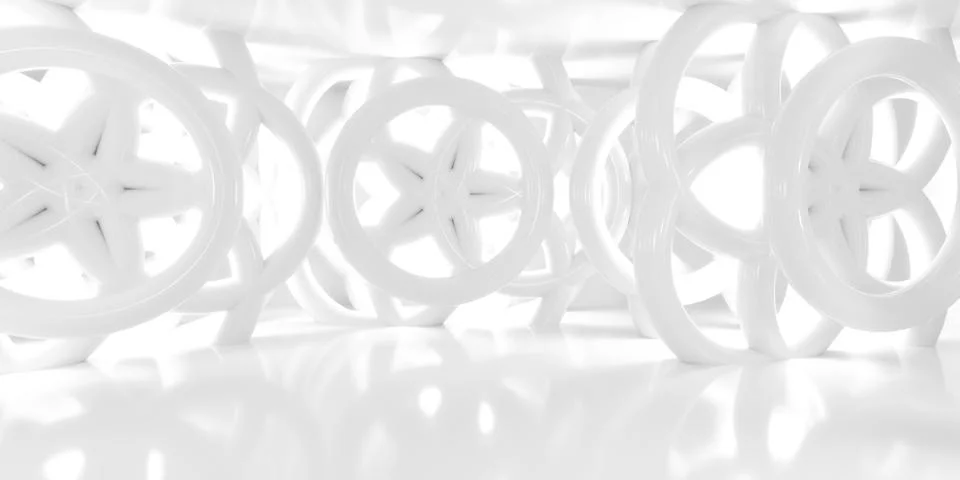 Abstract white geometric shapes interlocking in a white room 3d render イラスト素材