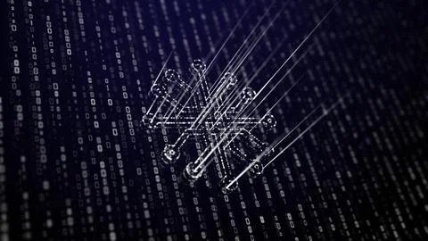 Abstract white glowing microchip on a digital data grid, perfect for clean and Illustrazione stock