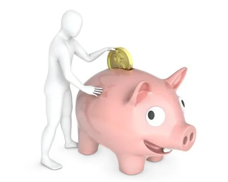 Abstract white guy puts coin into piggy bank Stock Illustration