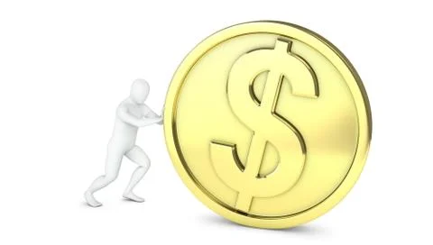 Abstract white guy rolls large golden coin Stock Illustration