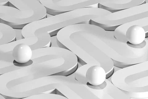 Abstract white installation, three balls roll along curved paths, 3d Stock Illustration