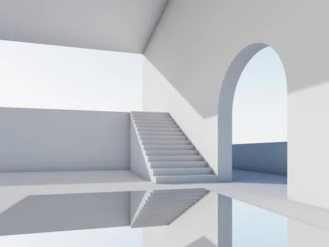 Abstract white interior background with arch and pool, 3d Stock Illustration