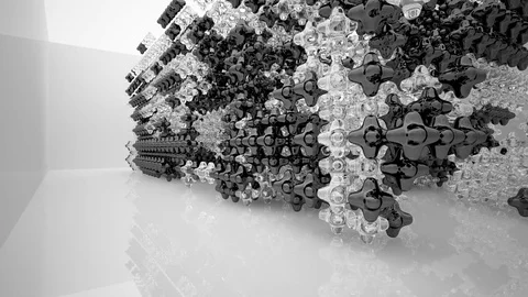 Abstract white interior of the future, with glossy black and glass sculpture.  Video stock 83332791