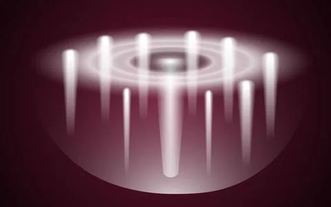 Abstract white light rays and glowing rings on dark red background Stock Illustration