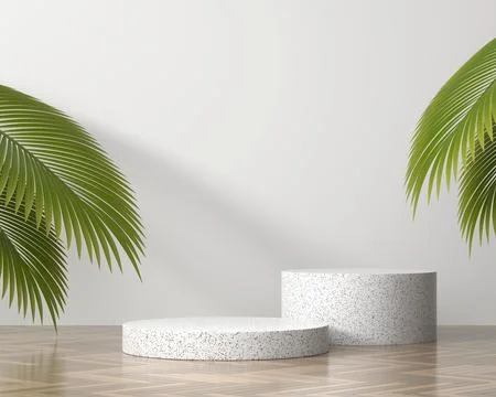Abstract white marble platform podium showcase for product display with pal.. Stock Illustration