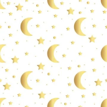 Abstract white modern seamless pattern with gold stars and moon. Vector illus Stock Illustration