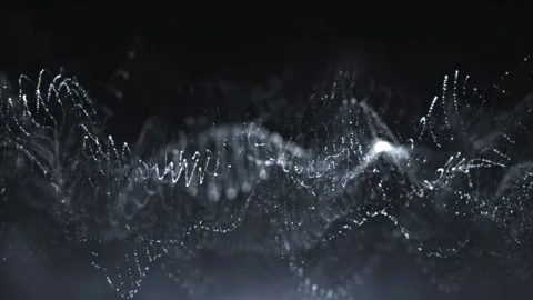 Abstract white particles forming flowing waves with fog and glowing dots on a Stock Footage 331032536