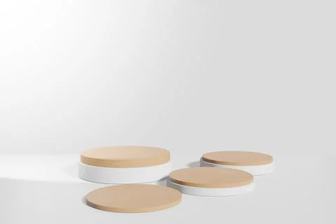 Abstract White pedestal display with white and wooden cylinders with box supp Stock Illustration