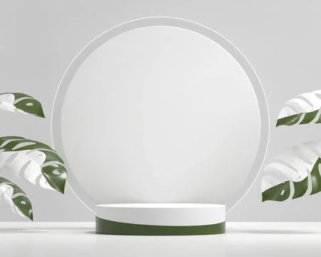 Abstract white platform showcase for product display with plant 3d render Stock Illustration