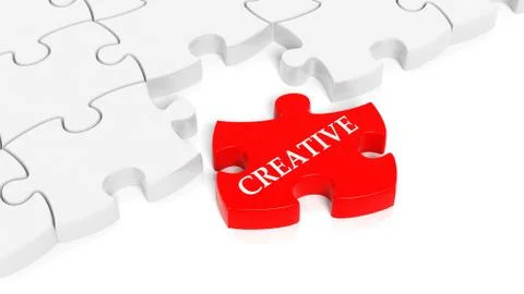 Abstract white puzzle pieces background  with one red with Creative text. Illustrazione stock