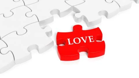 Abstract white puzzle pieces background  with one red with Love text. Illustrazione stock
