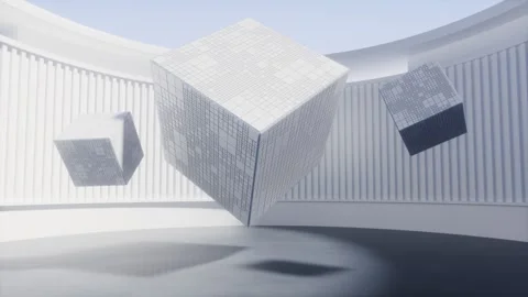 Abstract white room featuring rotating geometric cubes in futuristic minima.. Stock-Footage 332315249