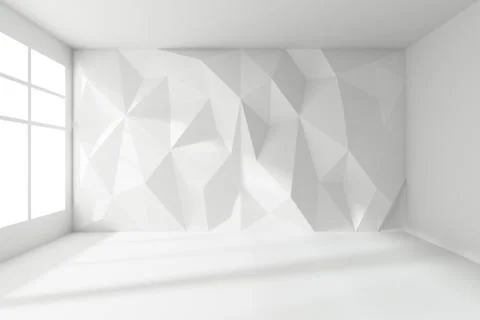 Abstract white room with rumpled wall, sunlight and window Stock Illustration