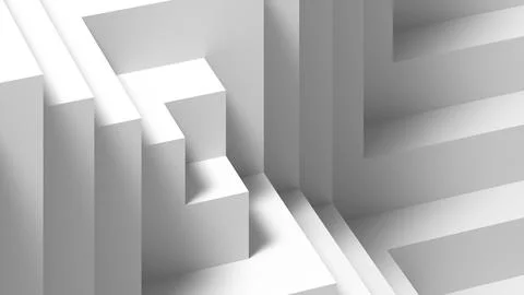 Abstract white scene featuring layered stair shap structures, 3d render Illustrazione stock
