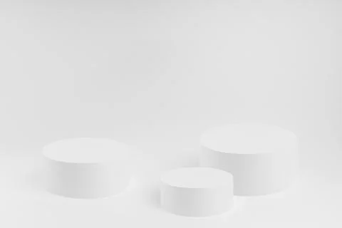 Abstract white scene with three round podiums mockup. Template for presentati Stock Photos