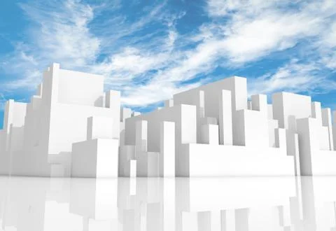 Abstract white schematic 3d cityscape with sky Illustrazione stock