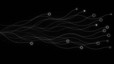Abstract white signal wave visual thin curved paths, glowing circle nodes, minim Stock Footage 340528275