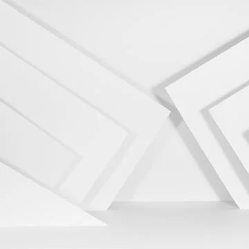 Abstract white stage with pattern of stripes, corners of paper in hard light, Stock Photos