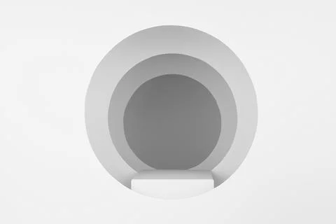 Abstract white stage with rectangle podium, frame of white circles with persp Stockfoto's