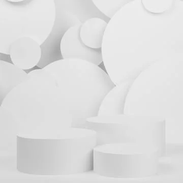 Abstract white stage with three round podiums mockup on white background, fly Foto stock