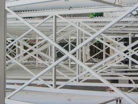 Abstract white structure. Stack of heavy metal reinforcement bar Stockfoto's