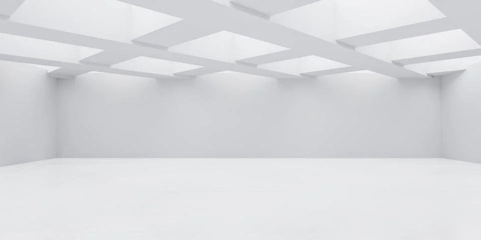 Abstract white studio building interior with open ceiling 3d render illustration Ilustración de archivo