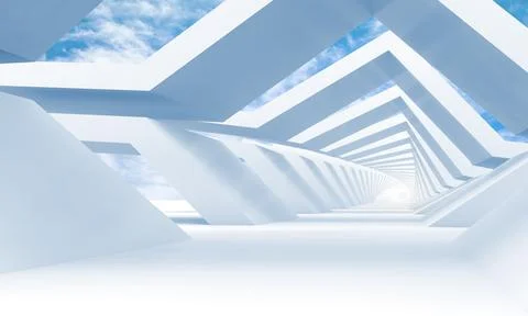 Abstract white tunnel perspective with cloudy sky on a background. 3d Stock Illustration
