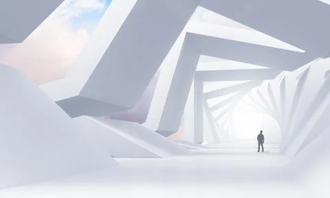 Abstract white tunnel perspective with a man Stock Illustration