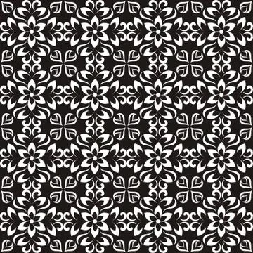 Abstract white vector floral seamless pattern on black Stock Illustration