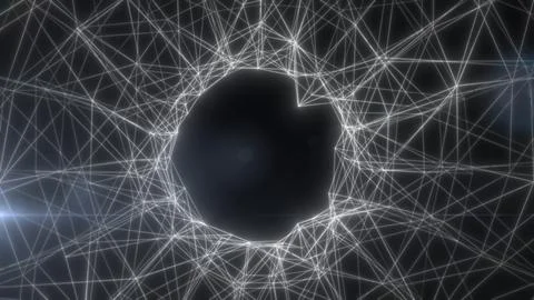 Abstract white wireframe network surrounding a dark circular void, creating.. 스톡 일러스트