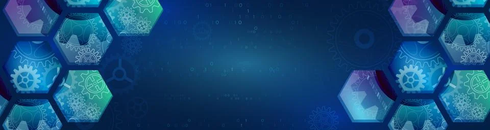 Abstract wide technology background with hexagons and gear wheels. Hi-tech ci Illustrazione stock