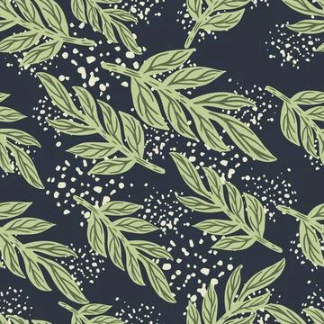 Abstract wild nature seamless pattern with green random leaves branches ornam Illustrazione stock