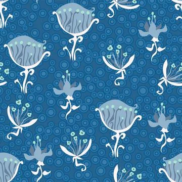 Abstract Wildflower Repeat Pattern In Blue And White On A Dotted Background Stock Illustration