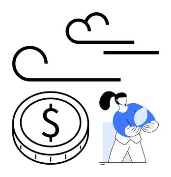 Abstract wind lines, dollar coin, and person holding a leaf. Ideal for renewa Illustrazione stock
