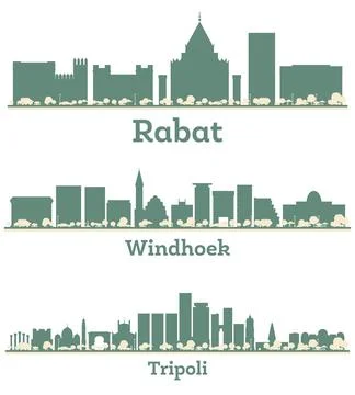 Abstract Windhoek Namibia, Tripoli Libya and Rabat Morocco City Skyline set.. Stock Illustration