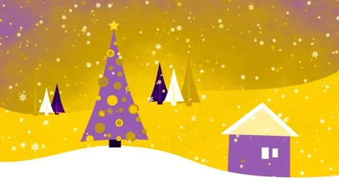 Abstract winter Christmas landscape, falling snowflakes over a vibrant yellow Stock Footage 346669769