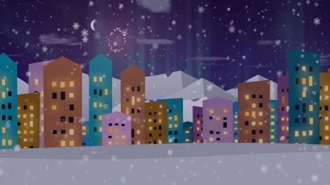Abstract winter cityscape with New Year fireworks celebration and gentle Stock Footage 344914978