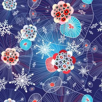 Abstract winter pattern with snowflakes and fantastic elements 库存插图