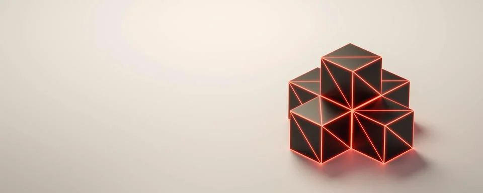 Abstract wire mesh design cube with red lights 3d render illustration Stock Illustration