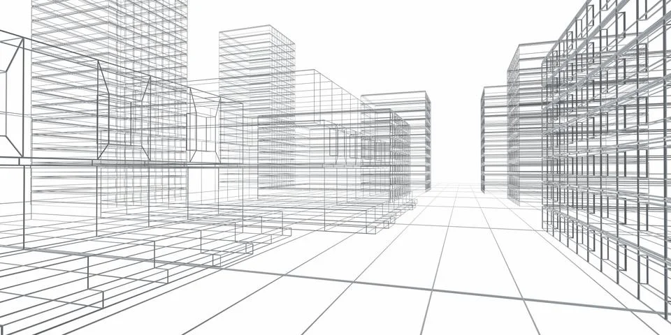 Abstract wireframe architecture wire mesh on white background 3d render Stock Illustration