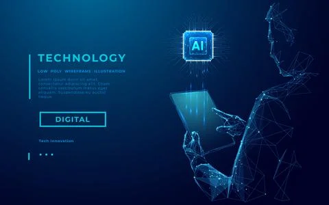 Abstract wireframe man holding tablet with AI chip hologram. Stock Illustration