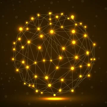 Abstract wireframe mesh sphere with glowing dot and lines, network connection Ilustração Stock