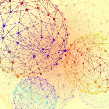 Abstract wireframe mesh spheres with dot and lines, network connections. Poly Stock Illustration