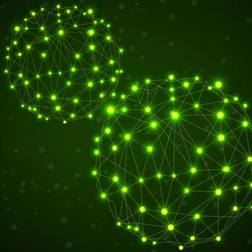 Abstract wireframe mesh spheres with glowing dot and lines, network connectio Stock Illustration