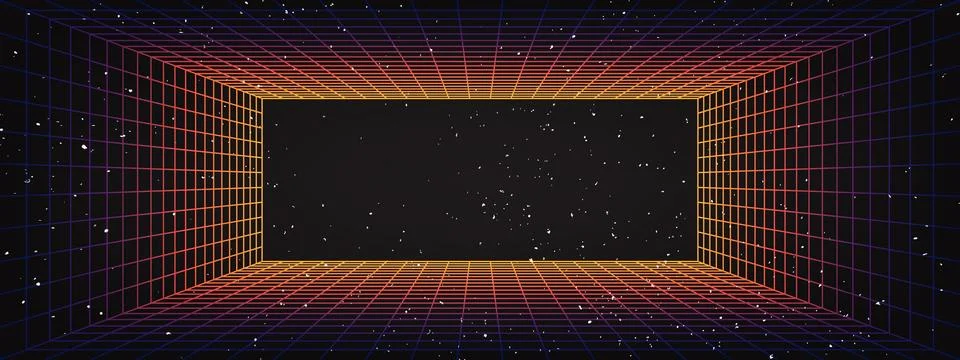 Abstract wireframe perspective box on black background with dust particles... Illustrazione stock