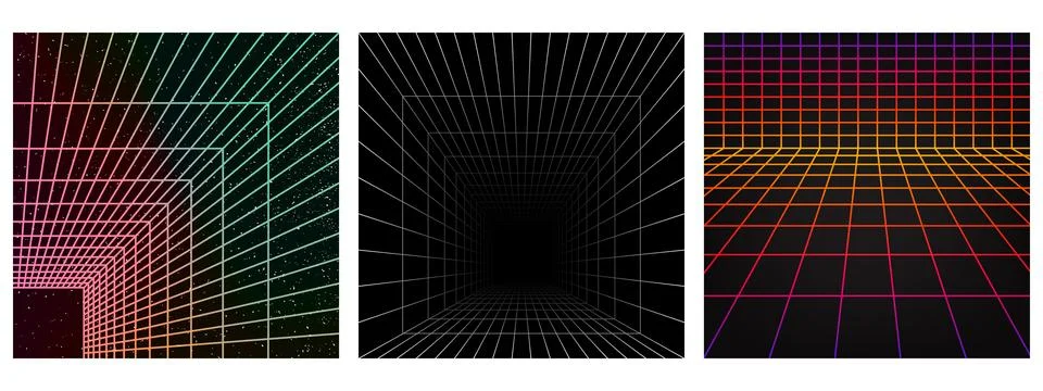 Abstract wireframe perspective grid box on black background. Empty 3D digit.. Stock Illustration