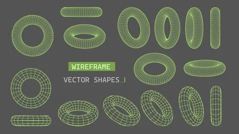 Abstract wireframe torus grid set. Geometric 3D polygonal shapes in brutalism Stock Illustration