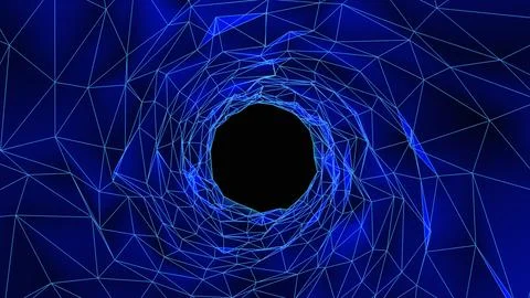 Abstract wireframe tunnel. Blue wormhole. 3D portal grid. Futuristic fantas.. Illustrazione stock
